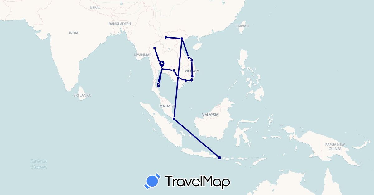 TravelMap itinerary: driving in Indonesia, Cambodia, Laos, Singapore, Thailand, Vietnam (Asia)